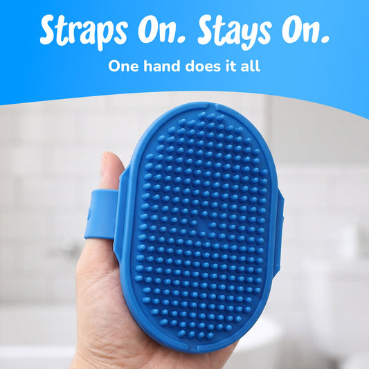 Straps on, stays on: the brush held by the elastic strap, one hand does it all