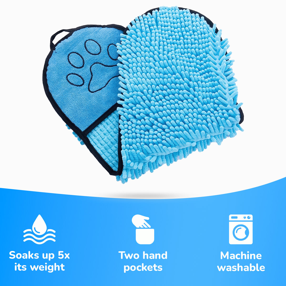 TubbyTails absorbent dog towel: soaks up five times its weight, two hand pockets, machine washable