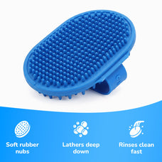 TubbyTails grooming brush for dogs: soft rubber nubs, lathers deep down, rinses clean fast