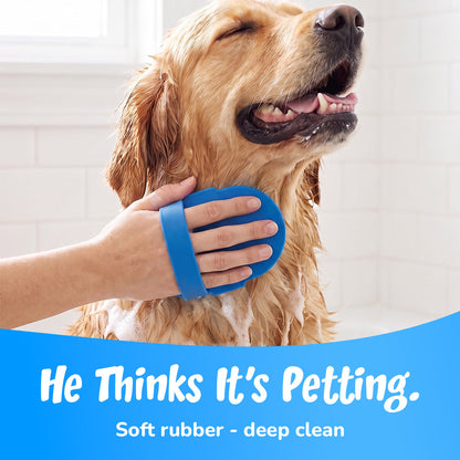 He thinks it's petting: golden retriever leaning into the soft rubber brush
