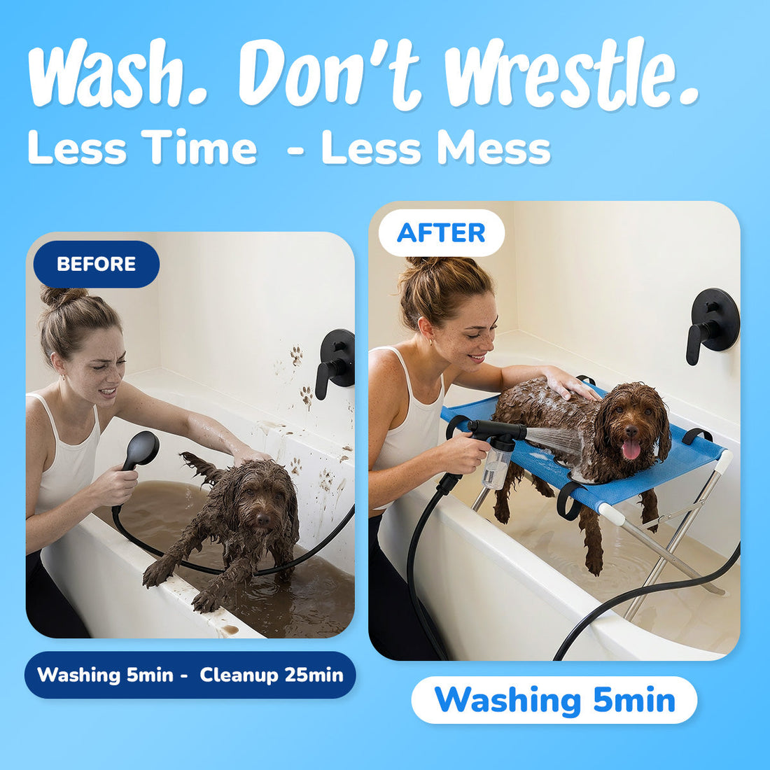 Before and after: washing a dog in the tub versus on the Groomy stand