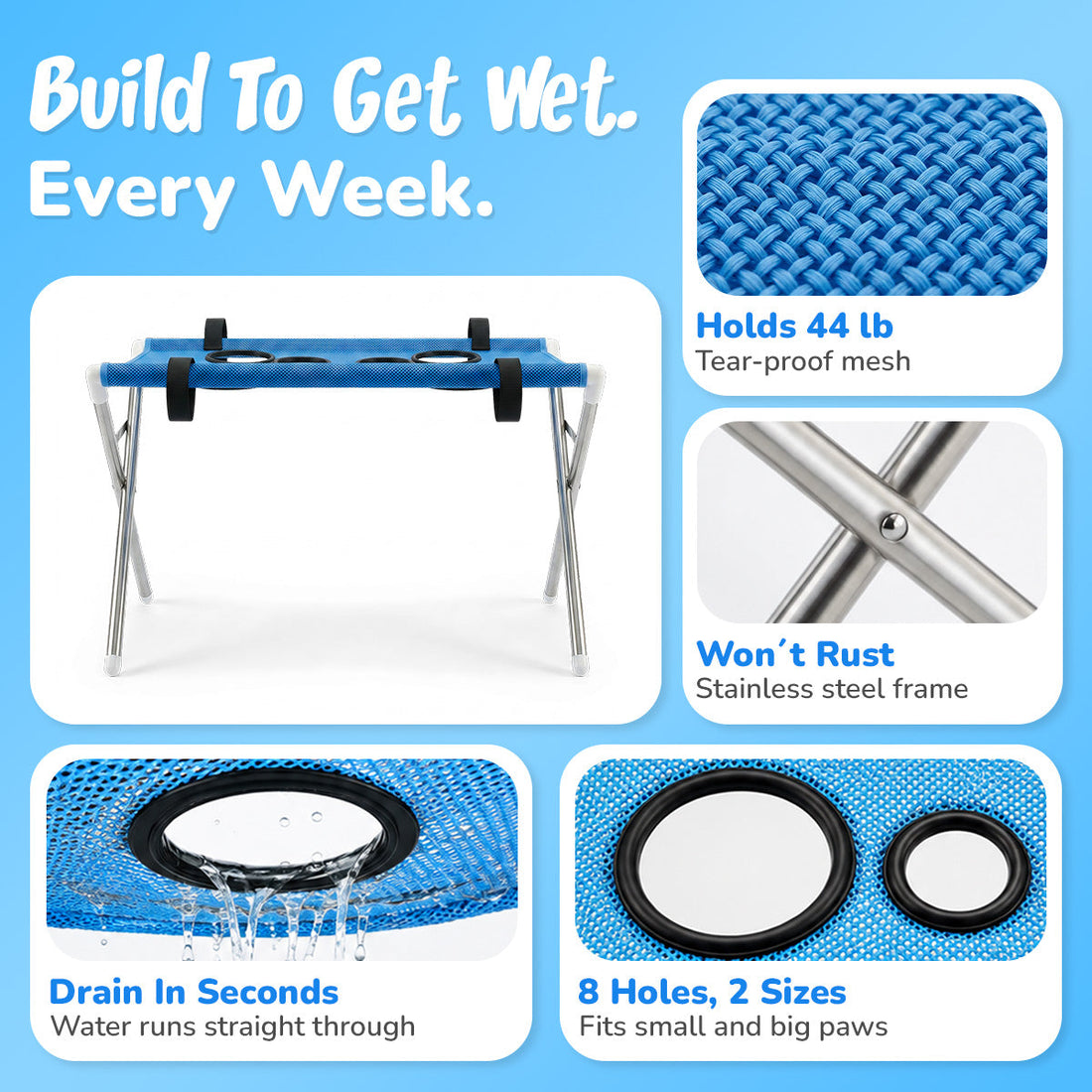 Tear-proof mesh, rust-free stainless steel frame and drain openings