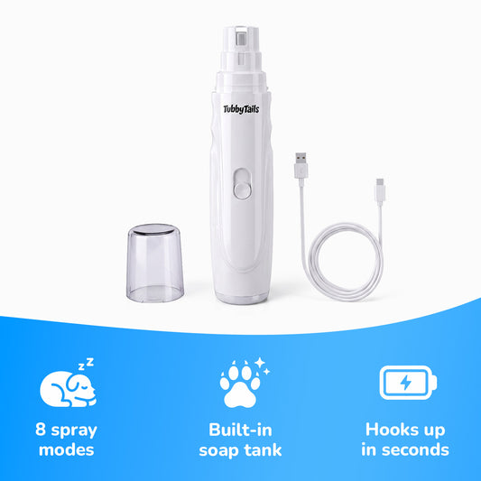 TubbyTails dog nail grinder in white with cap and USB cable
