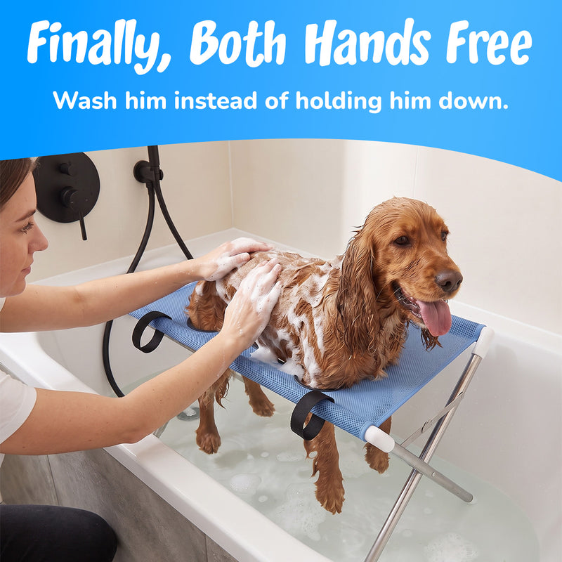 Finally both hands free: washing the dog on the stand instead of holding him down