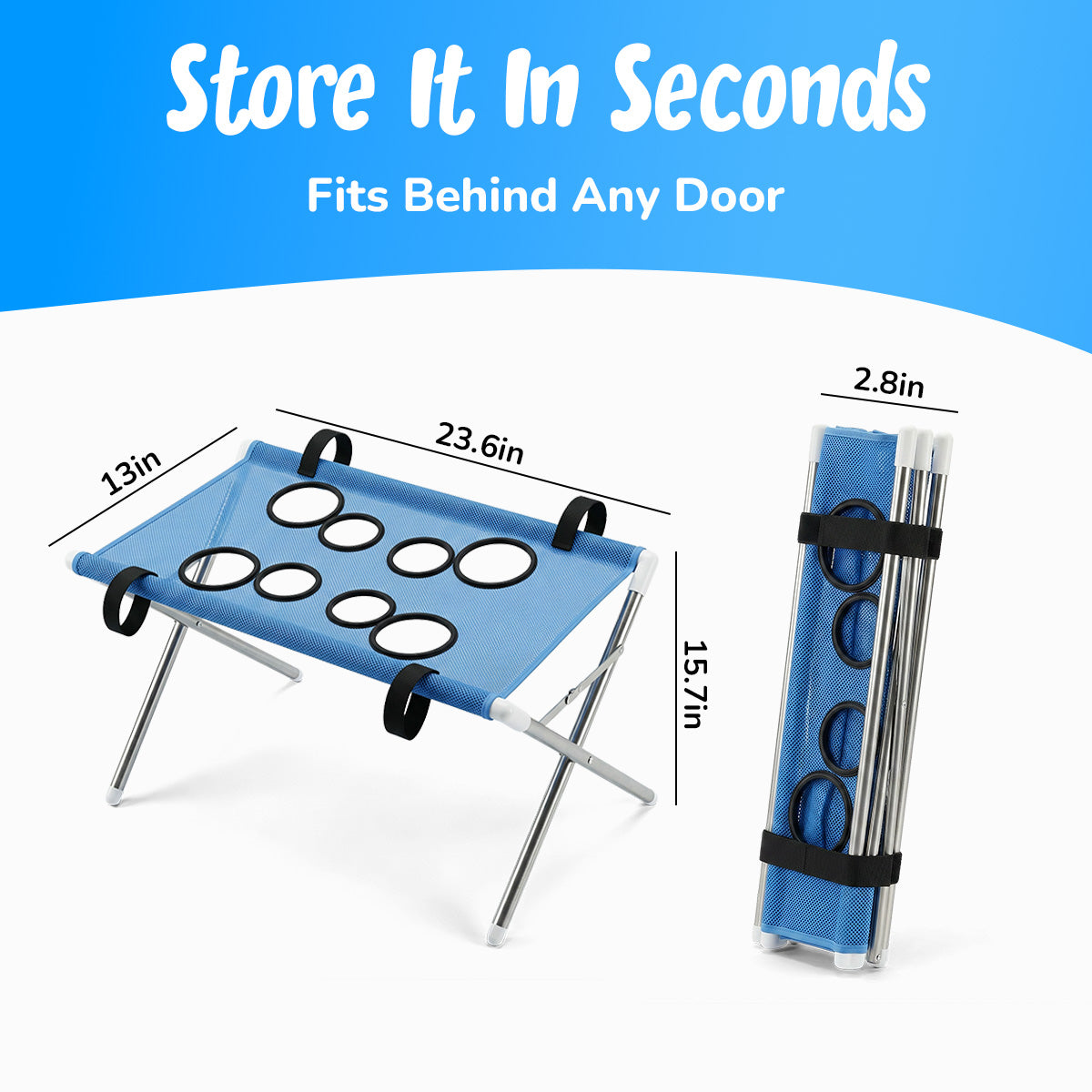Store it in seconds: 23.6 by 13 by 15.7 inches open, folds flat to 2.8 inches
