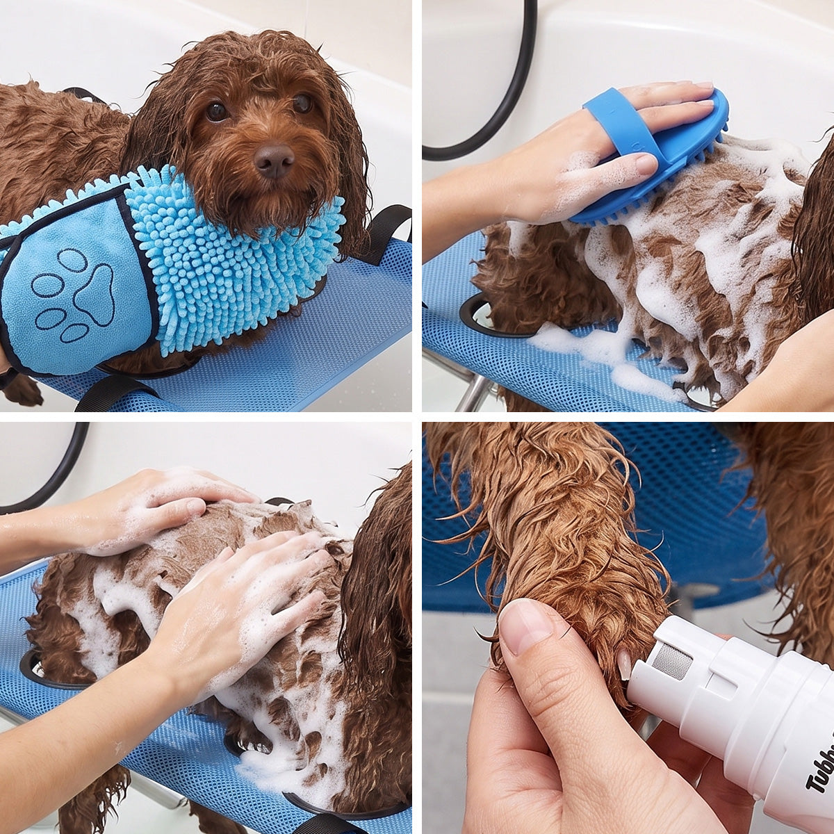 The stand in use with the towel, brush, shampoo and nail grinder
