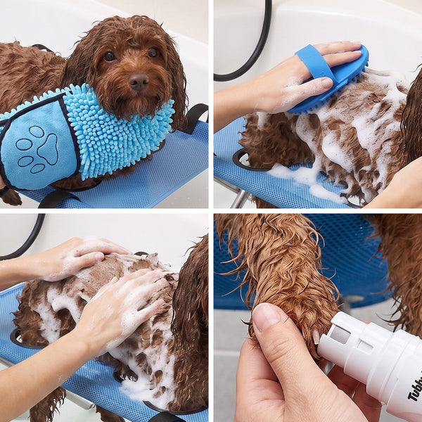 The stand in use with the towel, brush, shampoo and nail grinder