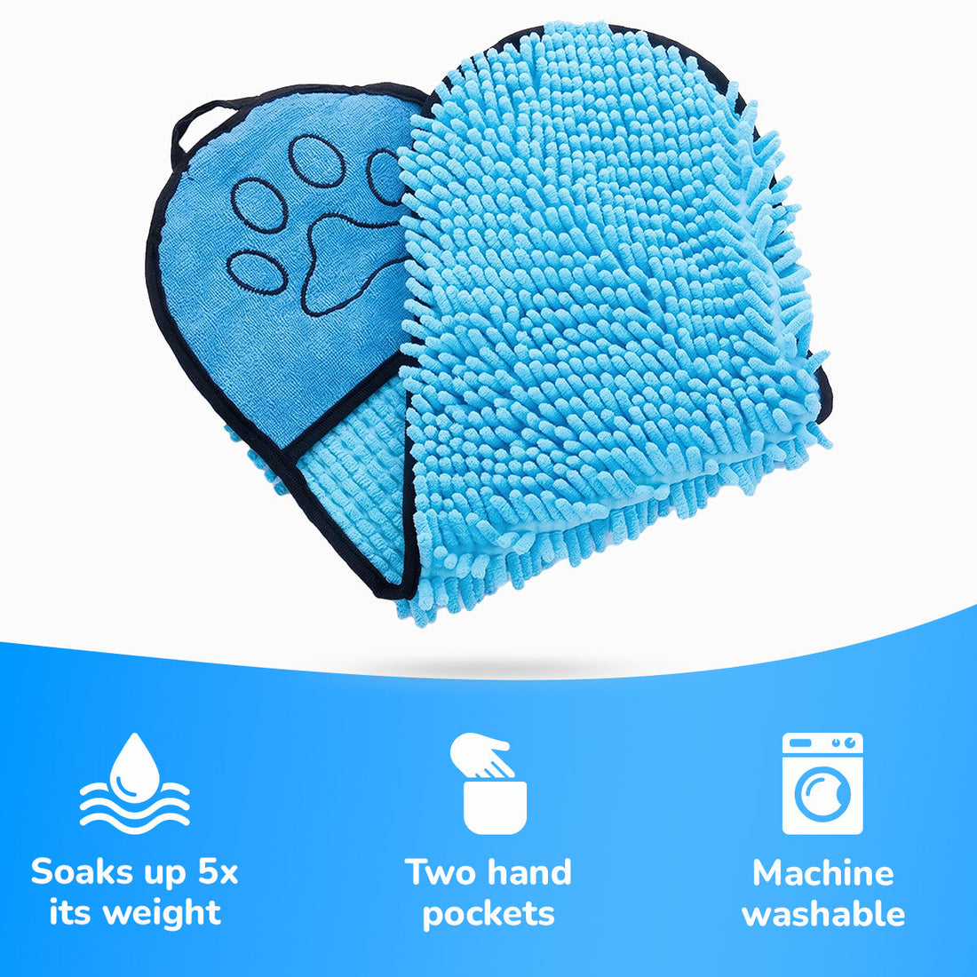 TubbyTails absorbent dog towel: soaks up five times its weight, two hand pockets, machine washable