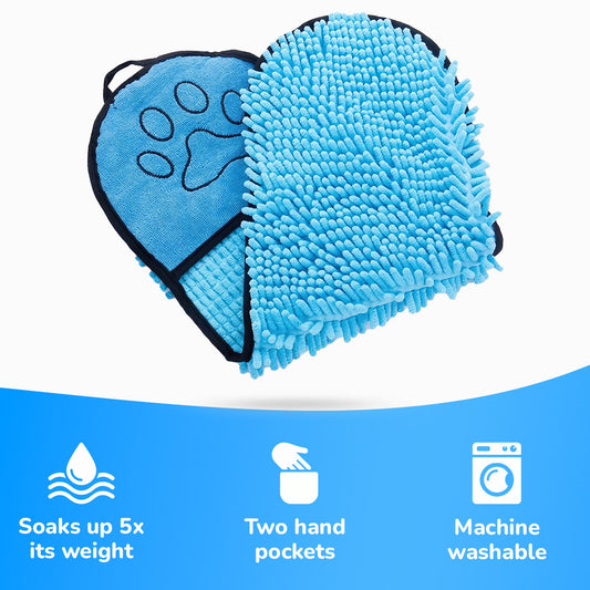 TubbyTails absorbent dog towel: soaks up five times its weight, two hand pockets, machine washable