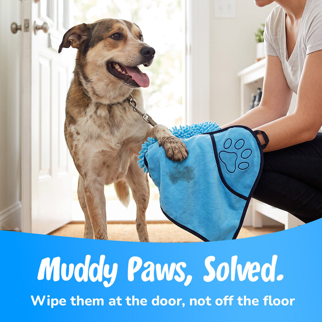Muddy paws, solved: wiping the paws at the door instead of off the floor