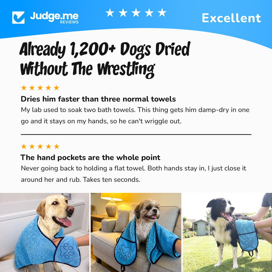 Judge.me reviews: already 1,200 dogs dried without the wrestling