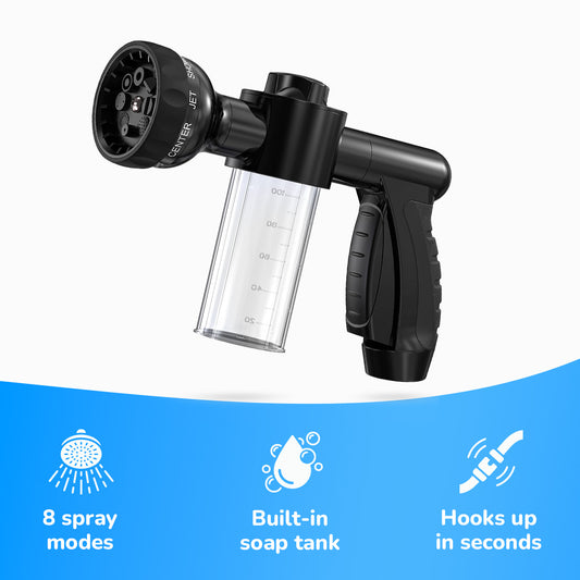 TubbyTails Shower Gun for dogs: 8 spray modes, built-in soap tank, hooks up in seconds
