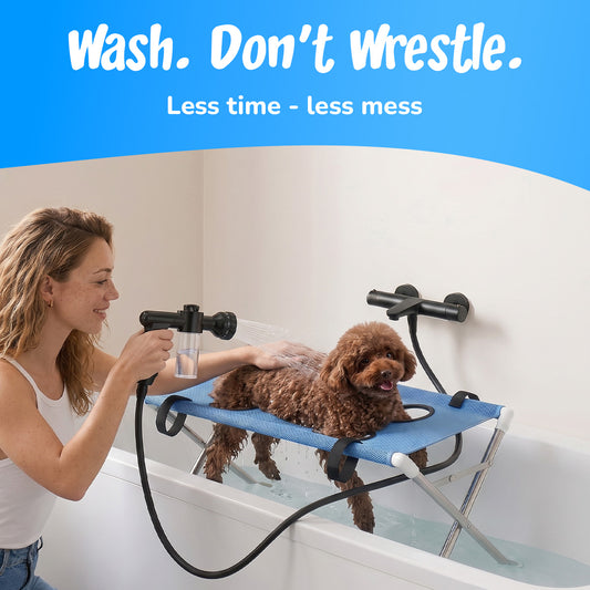 Wash, don't wrestle: washing a poodle on the stand with the Shower Gun