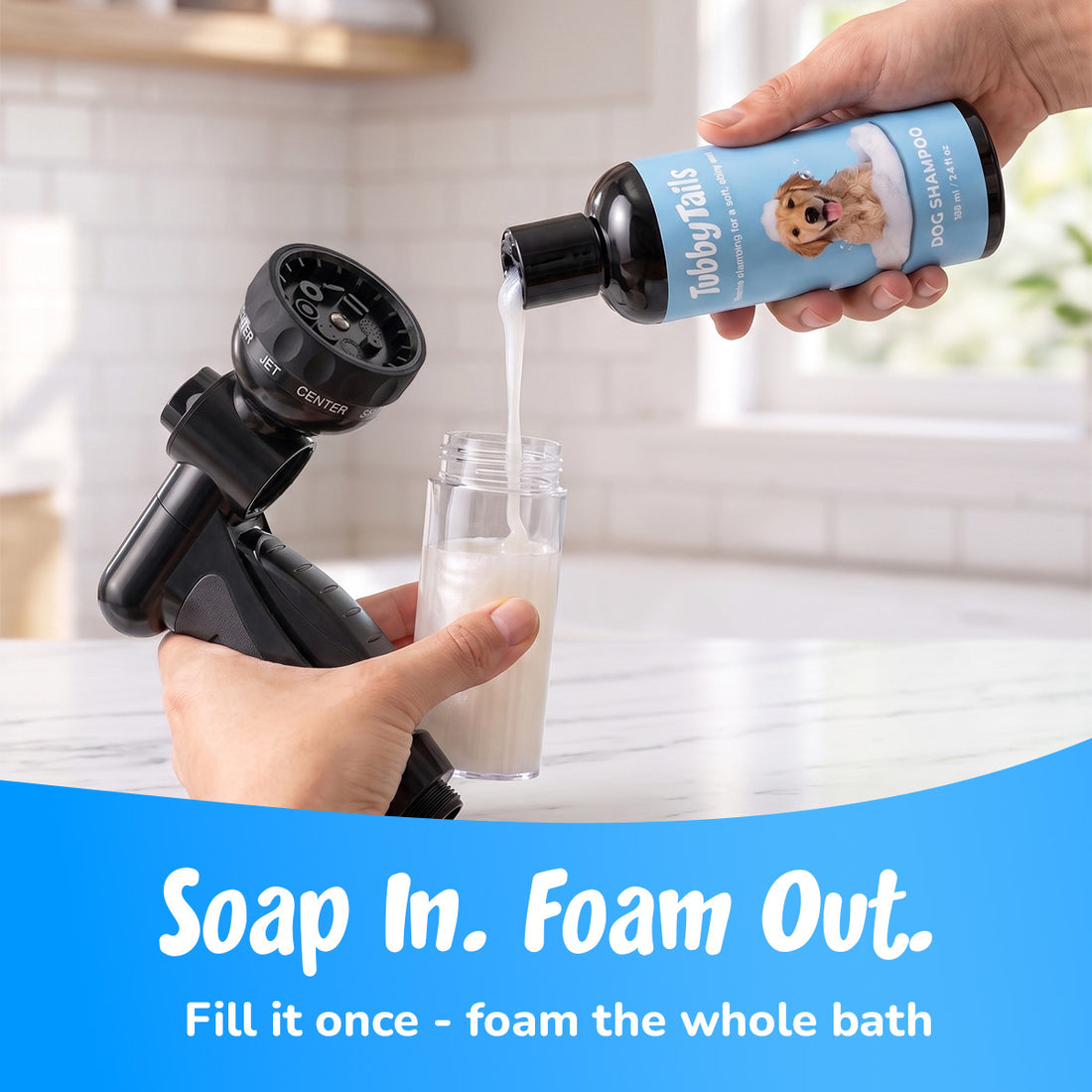 Soap in, foam out: filling the tank with TubbyTails shampoo