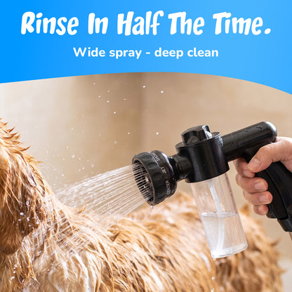Rinse in half the time: wide spray reaching through a thick coat